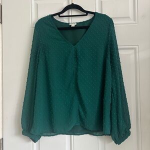 J. Crew V-Neck Clip-Dot Green Blouse, Size Medium